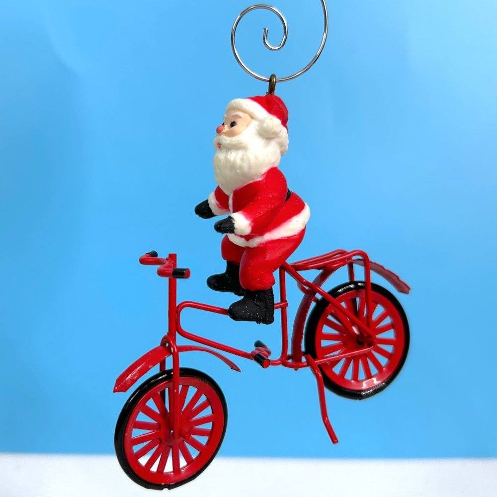 Vintage Santa Claus On Bicycle 3.5" Metal & Plastic Christmas Tree Ornament